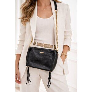 Rebecca Minkoff Black Leather Crossbody Bag Chain Strap Zipper Pockets Fringe